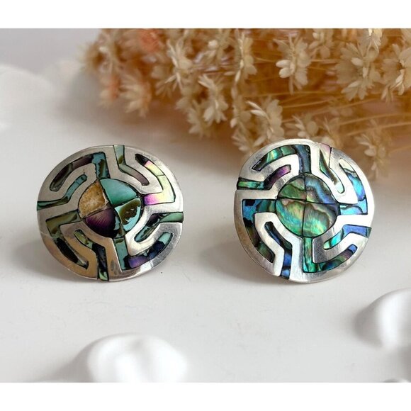 Abalone Geometric Modernist Taxco Sterling Silver Mexican Made Southwest Studs - Picture 1 of 9